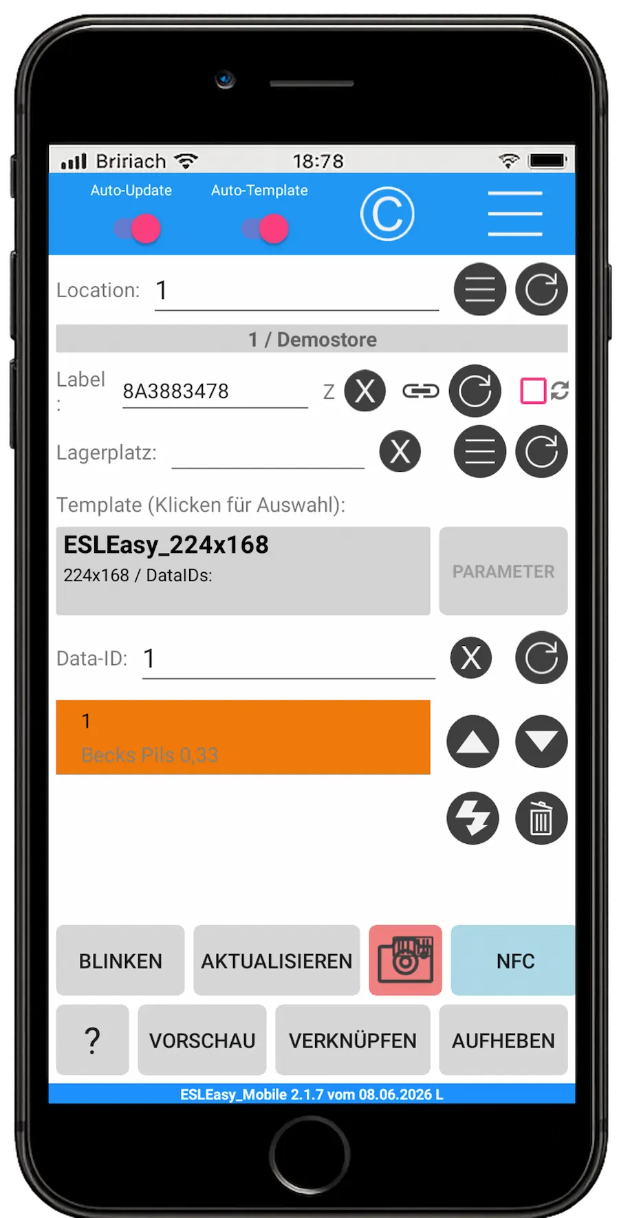 Screenshot der ESL-Easy Mobile App beim Verknüpfen eines Labels mit einem Artikel